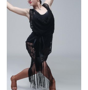 Black lace fringes women's ladies see through sexy fashion competition performance latin salsa cha cha dance dresses outfits ( only outwear  lace dress)